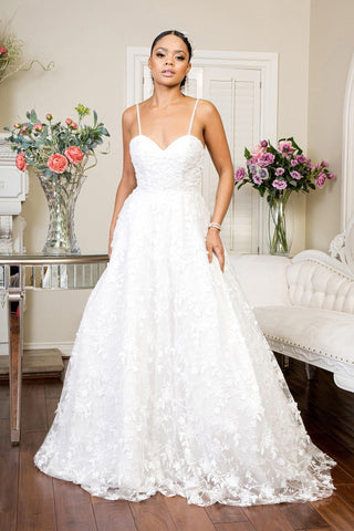 Simple Long Spaghetti Strap Floral Mesh Wedding Gown