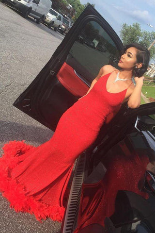 Simple Spaghetti V-Neck Mermaid Long Prom Dresses with Fur Train