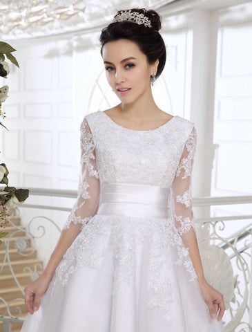 Tuyuku Simple Wedding Dresses Short Lace Applique Illusion Half Sleeve Tea Length Bridal Dress Exclusive