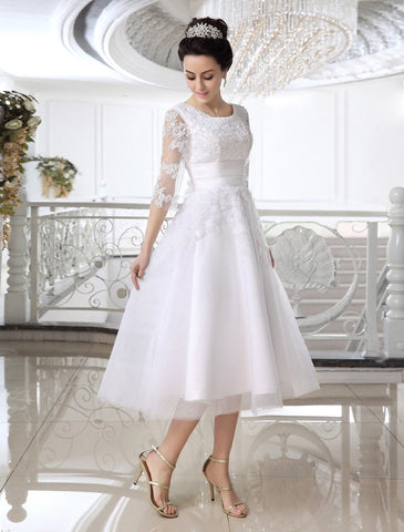 Tuyuku Simple Wedding Dresses Short Lace Applique Illusion Half Sleeve Tea Length Bridal Dress Exclusive