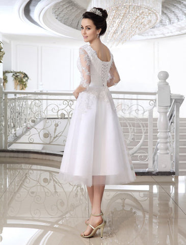 Tuyuku Simple Wedding Dresses Short Lace Applique Illusion Half Sleeve Tea Length Bridal Dress Exclusive