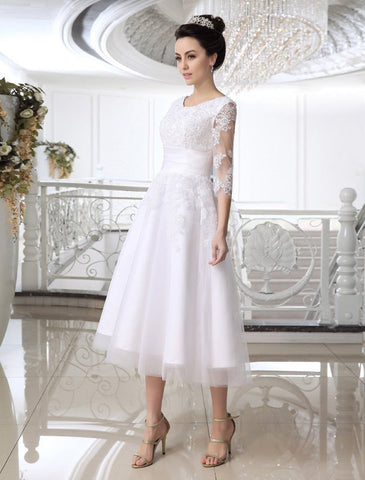 Tuyuku Simple Wedding Dresses Short Lace Applique Illusion Half Sleeve Tea Length Bridal Dress Exclusive