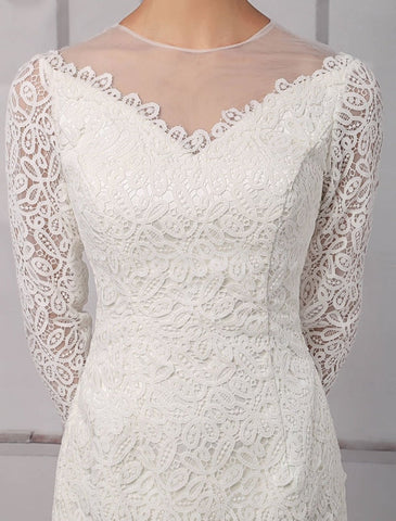 Simple Wedding Dresses 2021 Short Long Sleeve Illusion Neckline Koyhole Knee Length Sheath Bridal Dress Exclusive