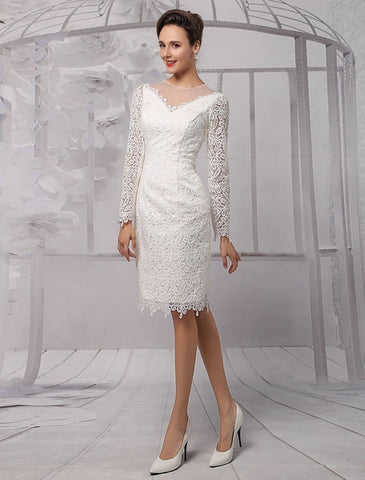 Simple Wedding Dresses 2021 Short Long Sleeve Illusion Neckline Koyhole Knee Length Sheath Bridal Dress Exclusive