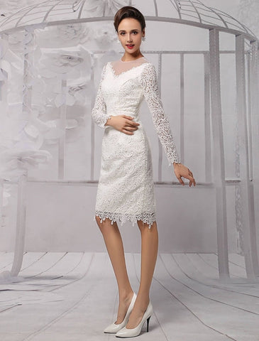 Simple Wedding Dresses 2021 Short Long Sleeve Illusion Neckline Koyhole Knee Length Sheath Bridal Dress Exclusive