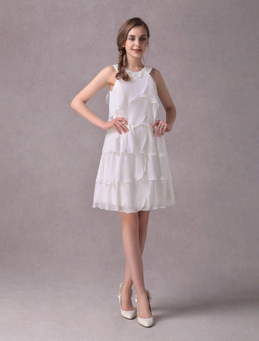 Simple Wedding Dresses Ivory Chiffon Cocktail Party Dress Beaded Tiered A Line Halter Short Bridal Dress Exclusive