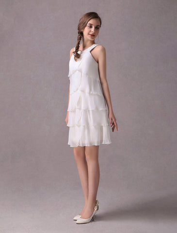 Simple Wedding Dresses Ivory Chiffon Cocktail Party Dress Beaded Tiered A Line Halter Short Bridal Dress Exclusive
