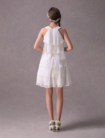 Simple Wedding Dresses Ivory Chiffon Cocktail Party Dress Beaded Tiered A Line Halter Short Bridal Dress Exclusive