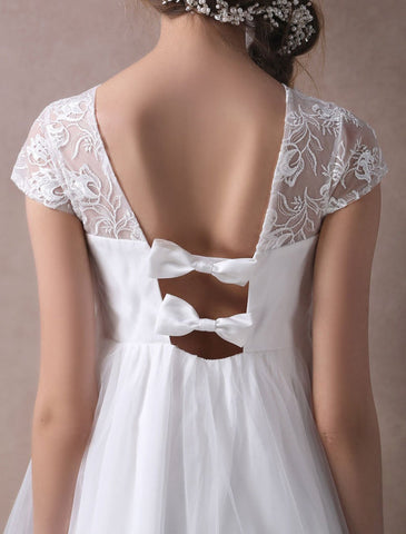 Simple Wedding Dresses Short Empire Waist Lace Tulle Cap Sleeve Pregnant Bridal Dress Exclusive