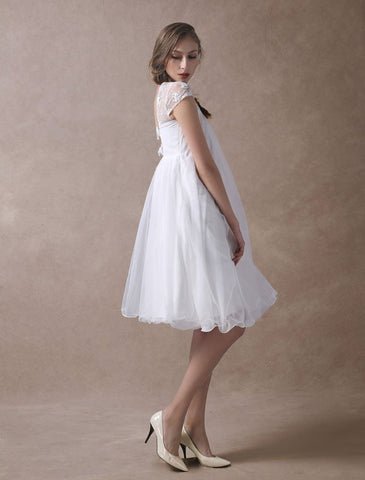 Simple Wedding Dresses Short Empire Waist Lace Tulle Cap Sleeve Pregnant Bridal Dress Exclusive