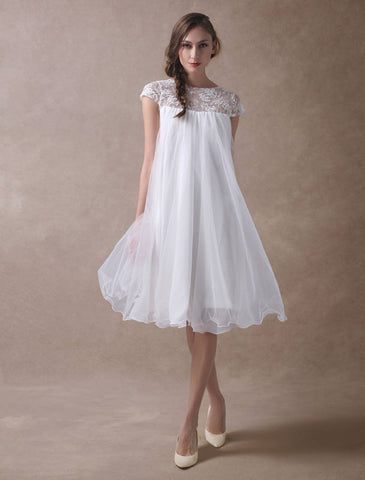 Simple Wedding Dresses Short Empire Waist Lace Tulle Cap Sleeve Pregnant Bridal Dress Exclusive