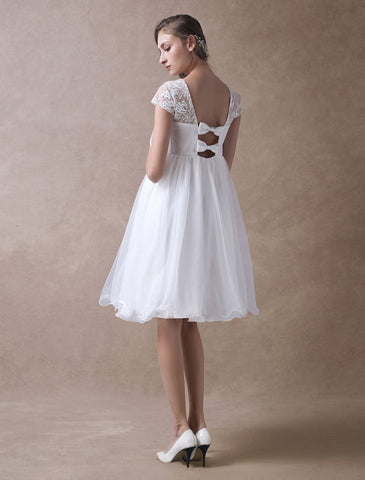 Simple Wedding Dresses Short Empire Waist Lace Tulle Cap Sleeve Pregnant Bridal Dress Exclusive