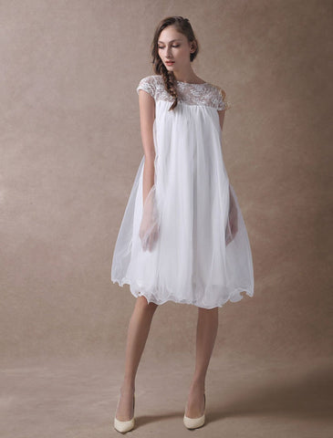 Simple Wedding Dresses Short Empire Waist Lace Tulle Cap Sleeve Pregnant Bridal Dress Exclusive