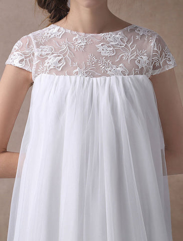 Simple Wedding Dresses Short Empire Waist Lace Tulle Cap Sleeve Pregnant Bridal Dress Exclusive