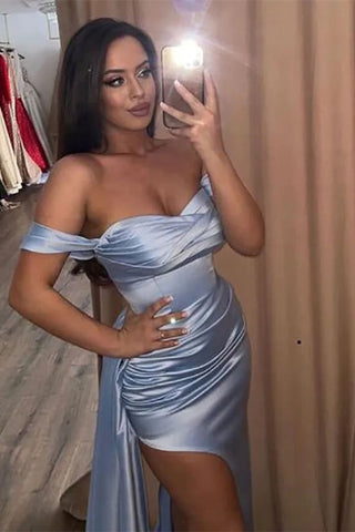 Sky Blue Mermaid Prom Dress Off-the-Shoulder with Sweetheart Neckline and Split Ruffles