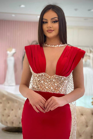 Sleeveless Red Mermaid Prom Dresses with Beads and Pearls