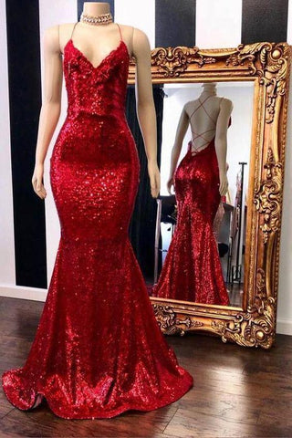 Sleeveless V-Neck Spaghetti Sequins Mermaid Long Prom Dresses