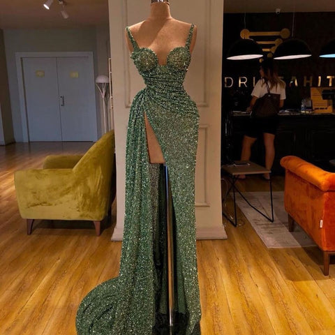 Spaghetti-Starps Charming Sequins Mermaid Split Prom Dresses