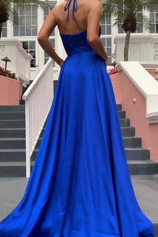 Spaghetti-Straps Shiny Royal Blue Formal DressesSplit Chic V-Neck Princess Evening Party Gowns Online