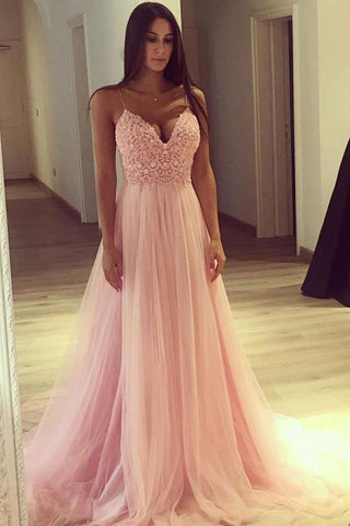 Spaghetti-Straps V-Neck Pink Formal DressesLong Tulle Party Gowns