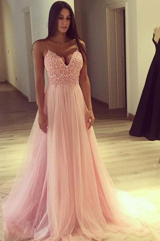 Spaghetti-Straps V-Neck Pink Formal DressesLong Tulle Party Gowns