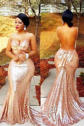Spaghetti-Strapss Sequins Mermaid Backless Champagne Prom Dresses