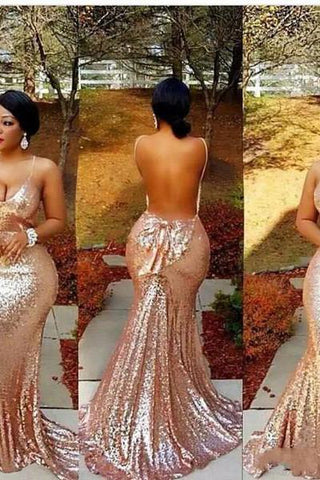 Spaghetti-Strapss Sequins Mermaid Backless Champagne Prom Dresses