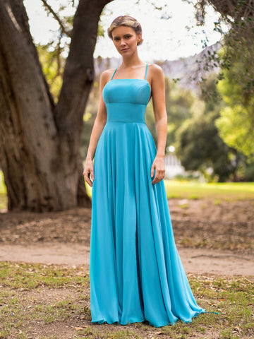 A-Linien-Ballkleid aus Chiffon mit geradem Ausschnitt und bodenlangem Rücken