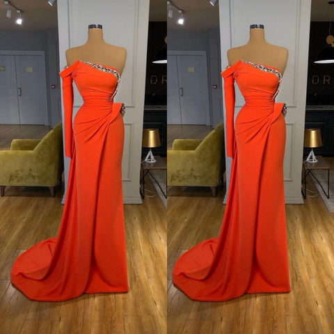 Strapless Orange Sequined Long Prom Dress Long sleeves