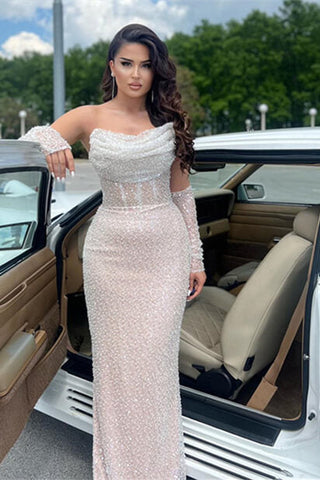 Strapless White Mermaid Prom Dresses With Sequins Pleats