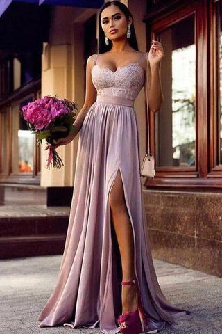Träger Spitze Schlitz Partykleider Ärmellos Lavendel Langes formelles schickes Abendkleid