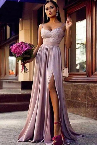 Träger Spitze Schlitz Partykleider Ärmellos Lavendel Langes formelles schickes Abendkleid