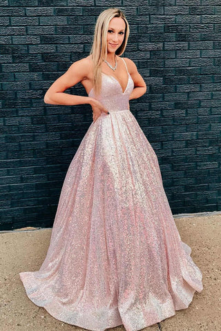 Stunning Pink Sequins A-Line Long Prom Dress