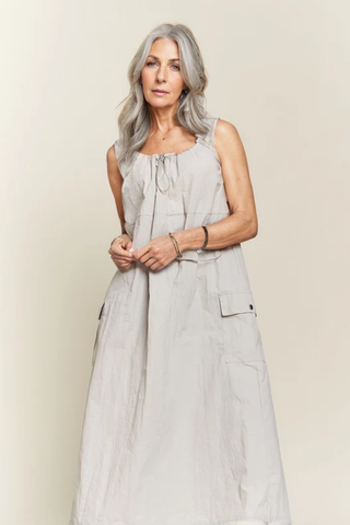 Beige Grey Drawstring Slit Back Cargo Midi Dress