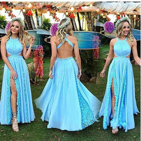 Charming Baby Blue Halter Lace Long Prom Dresses, Split Evening Dress with Lace