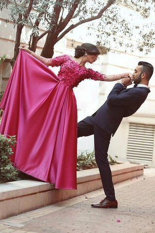 Gorgeous Satin Off Shoulder Long Sleeves Prom Dresses with Appliques