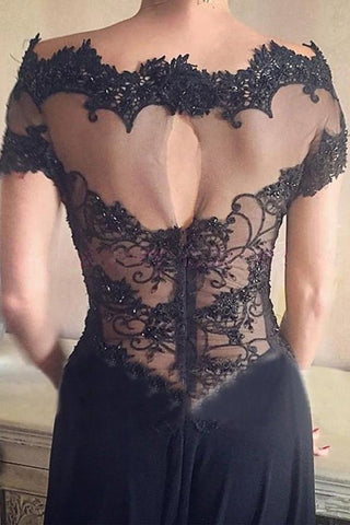 Beaded Off Shoulder Short Sleeves Split Prom Dress with Lace
