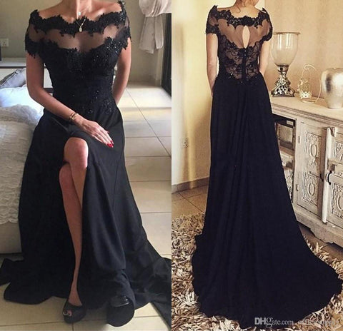 Beaded Off Shoulder Short Sleeves Split Prom Dress with Lace