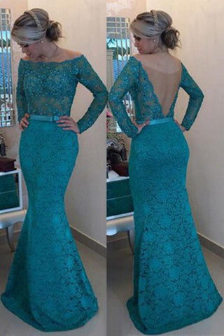 Turquoise Lace Floor-Length Off Shoulder Long Sleeves Prom Dress with Pearls