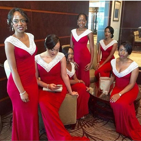 Cap Sleeves V-neck Mermaid Bridesmaid Dress with Beading