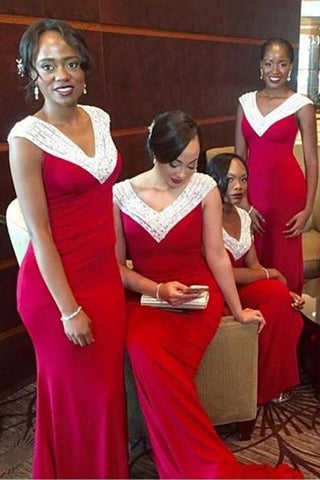 Cap Sleeves V-neck Mermaid Bridesmaid Dress with Beading
