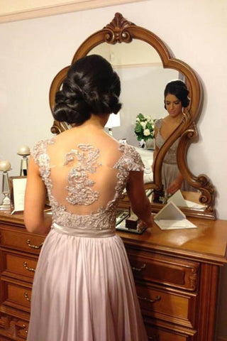 Chiffon Beaded Simple A-line Cap Sleeve Long Bridesmaid Dresses on line