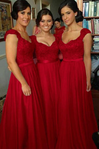 Chiffon Beaded Simple A-line Cap Sleeve Long Bridesmaid Dresses on line