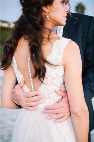 White Tulle Deep V Neck Lace Beach Wedding Dresses, Bridal Dresses