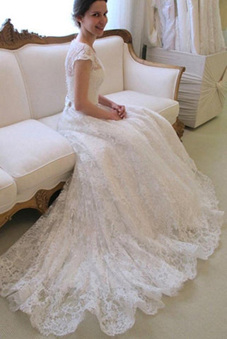 Affordable Cap Sleeve Lace A Line Wedding Dresses, Long Wedding Gowns, Bridal Dress