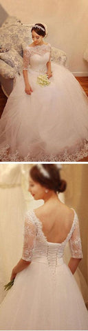 White Lace Tulle Half Sleeve Wedding Dresses with Beading, Bridal Gowns