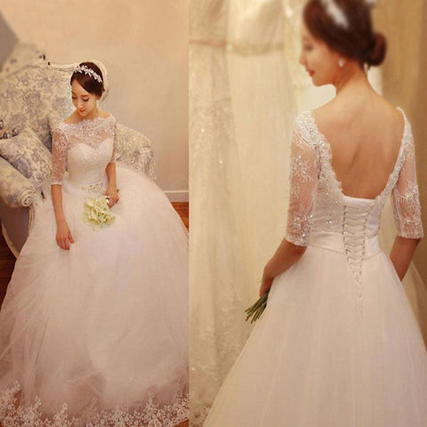 White Lace Tulle Half Sleeve Wedding Dresses with Beading, Bridal Gowns