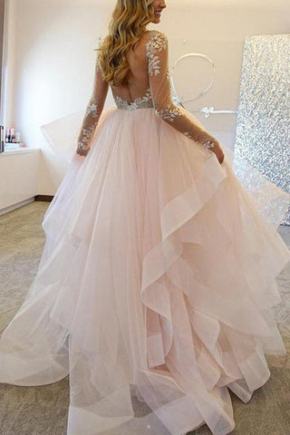 Open Back Lace A line Long Sleeve Wedding Gowns Bridal Dresses