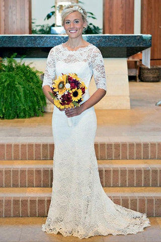 White Lace Open Back Long Sleeve Mermaid Long Wedding Dresses