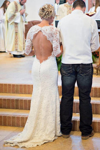 White Lace Open Back Long Sleeve Mermaid Long Wedding Dresses